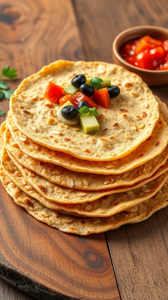 A stack of golden oat tortillas with colorful fillings and a bowl of salsa on a wooden table.